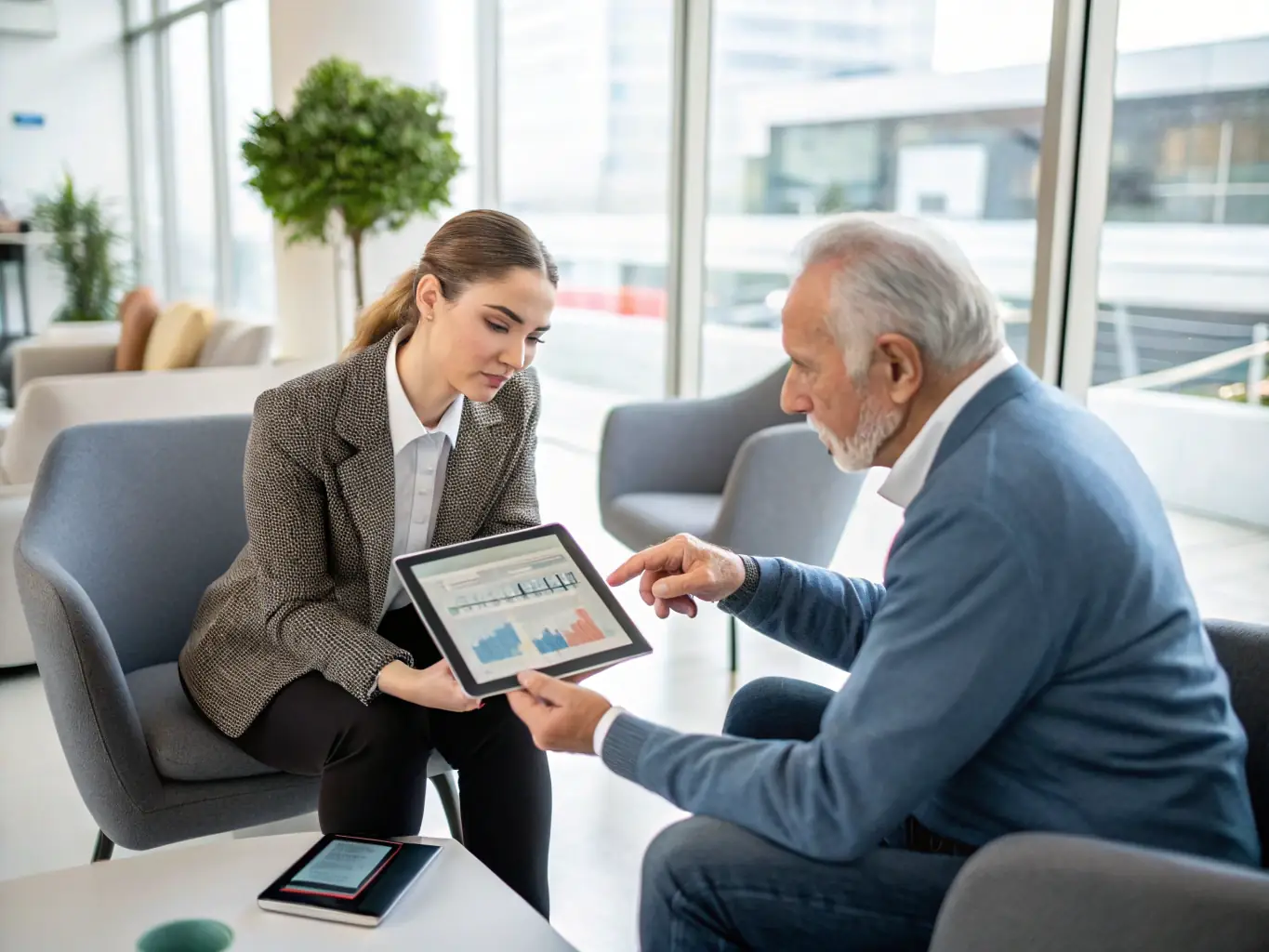 A consultant discussing digital transformation strategies with a client in a modern office setting, emphasizing collaboration and innovation.