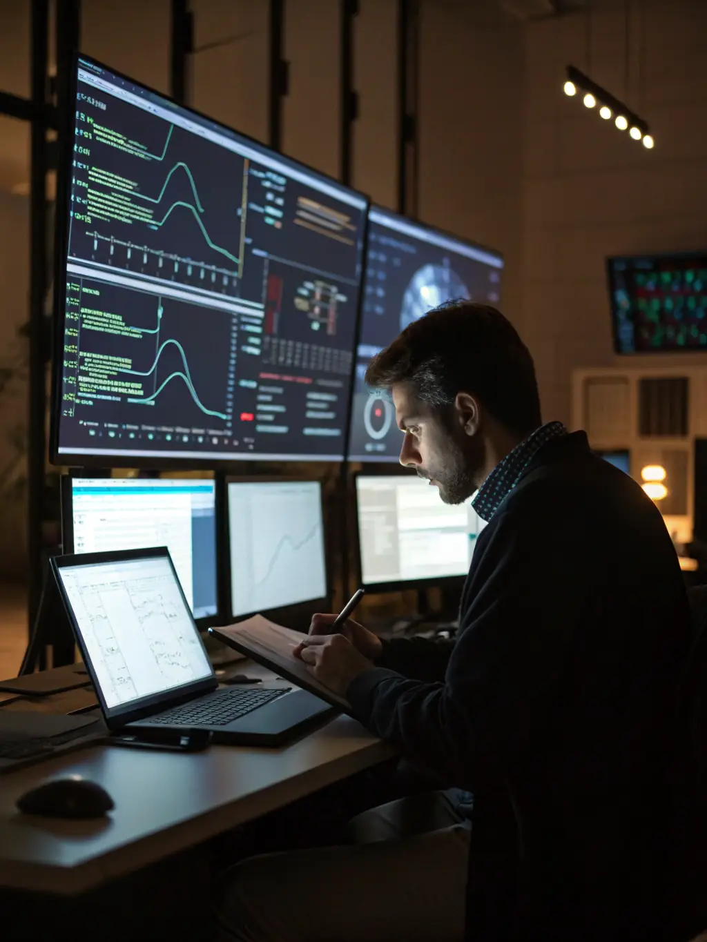 A cybersecurity expert analyzing data on multiple screens in a secure environment, highlighting the importance of data protection.