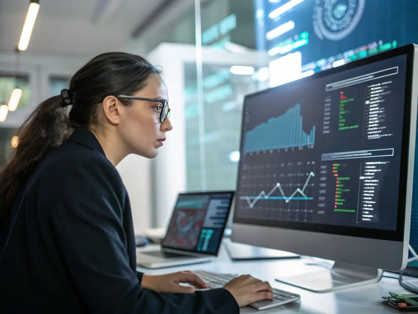 A cybersecurity expert analyzing data on multiple screens in a secure environment, highlighting the importance of data protection.