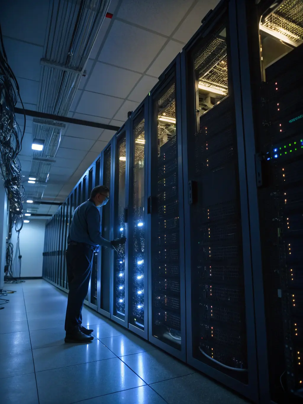 A secure network server room with blinking lights, symbolizing robust cybersecurity infrastructure.