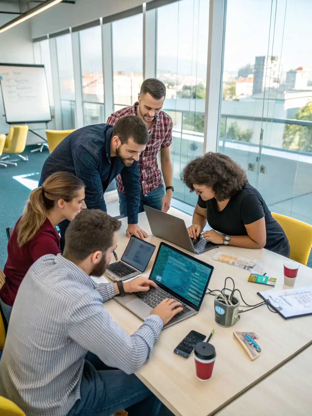 A team collaborating on cloud computing solutions in a modern workspace, emphasizing scalability and flexibility.